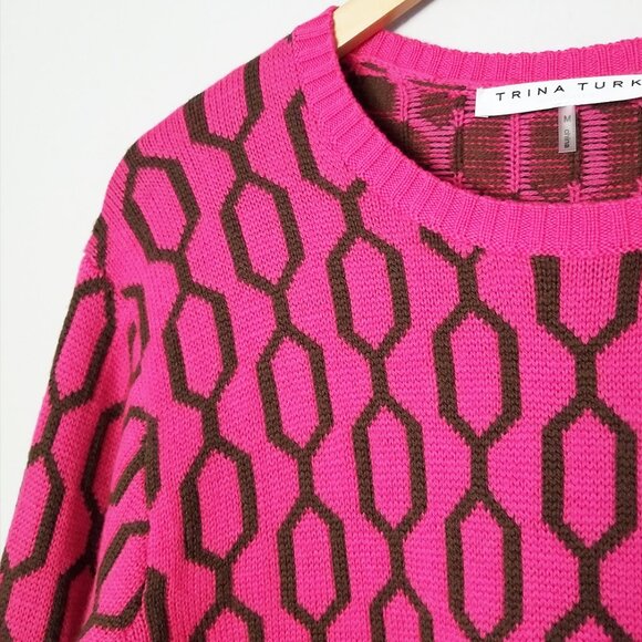 Trina Turk Merino Wool Pink Brown Geometric Honeycomb Crewneck Sweater Size M - Picture 7 of 14